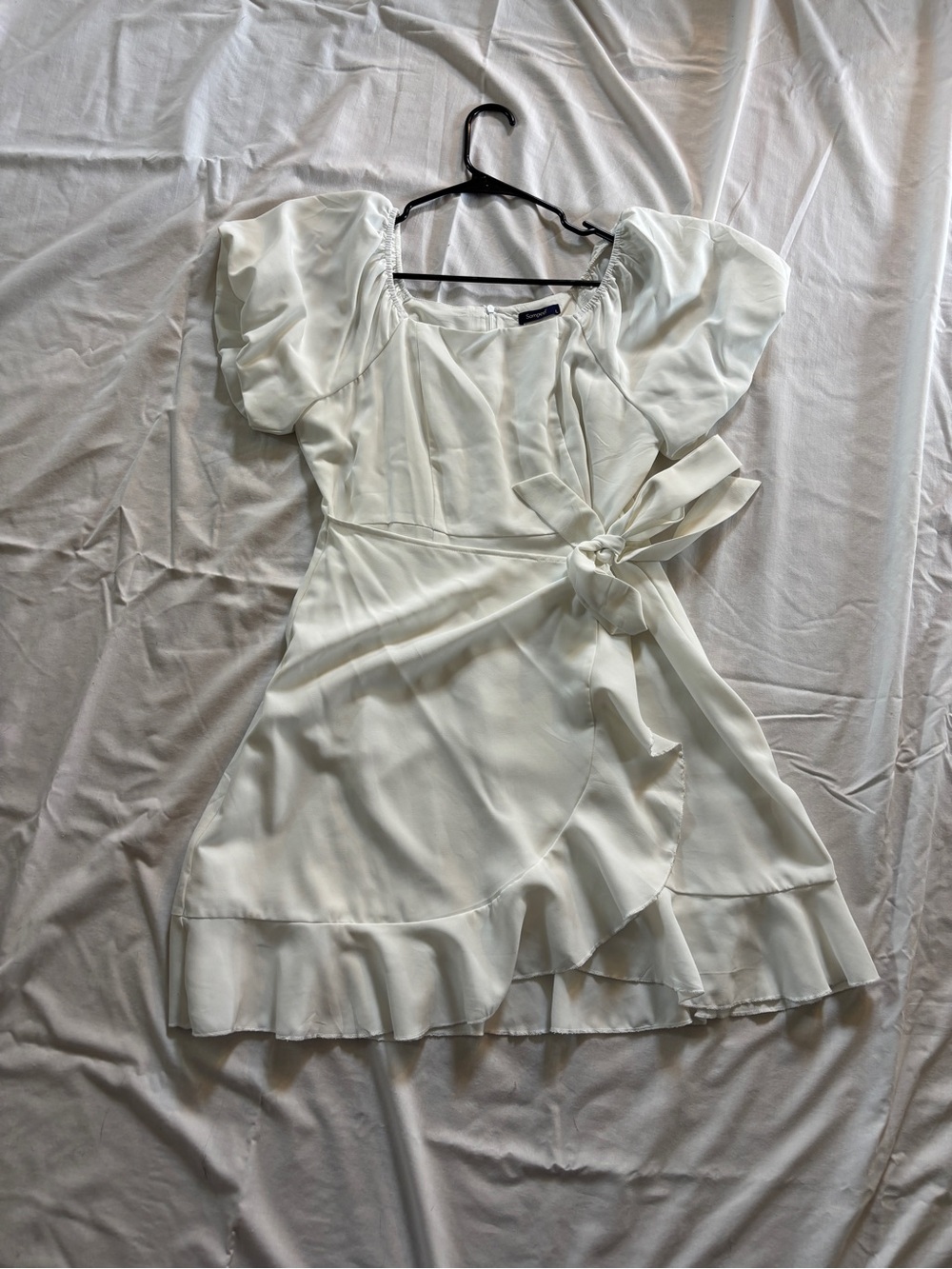 White Puff Sleeve Wrap Dress with Ruffle Hem